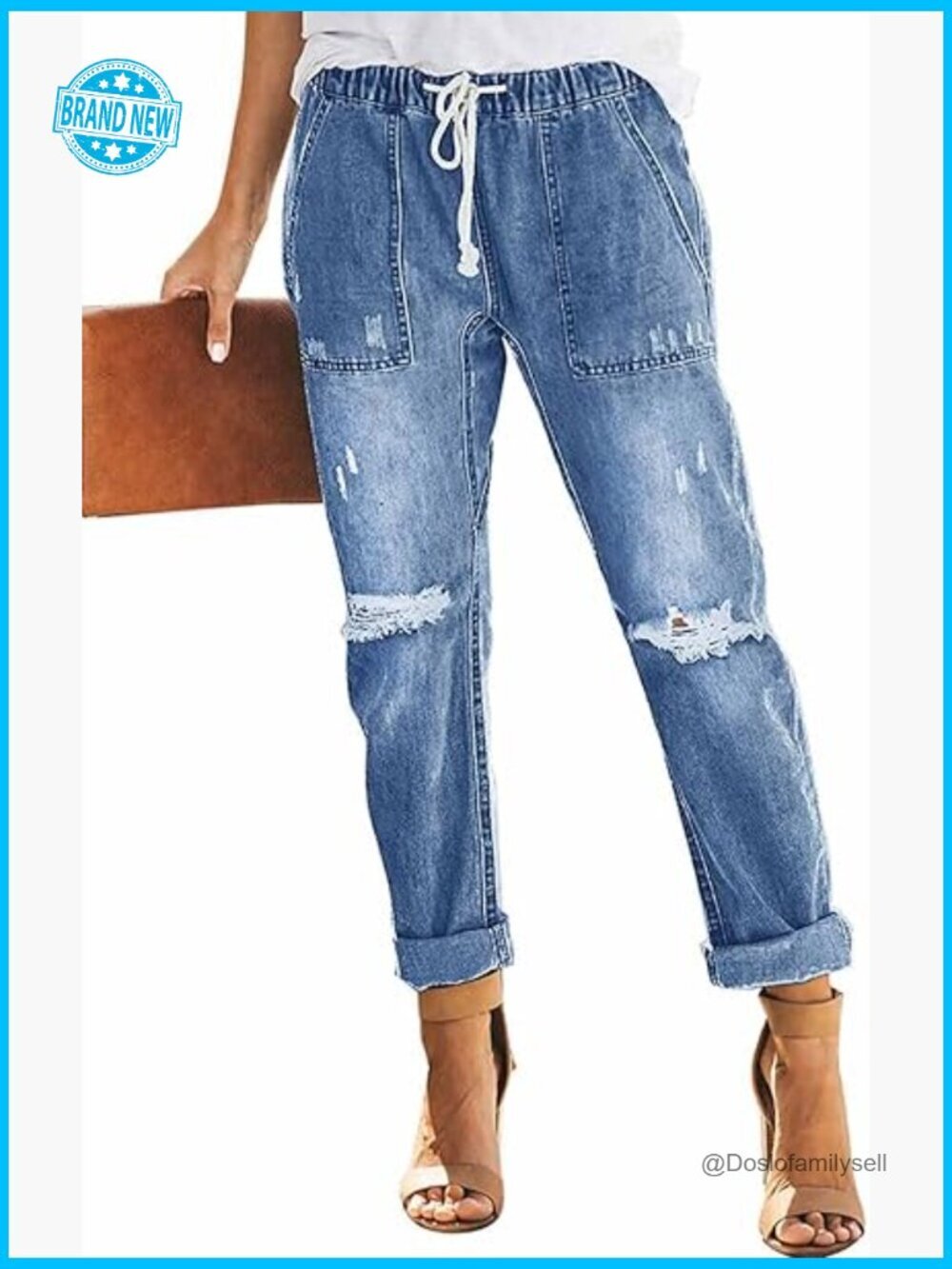 Casual Pull-on Distressed Stretch Jeans Elastic Waist Denim Joggers Straight Leg